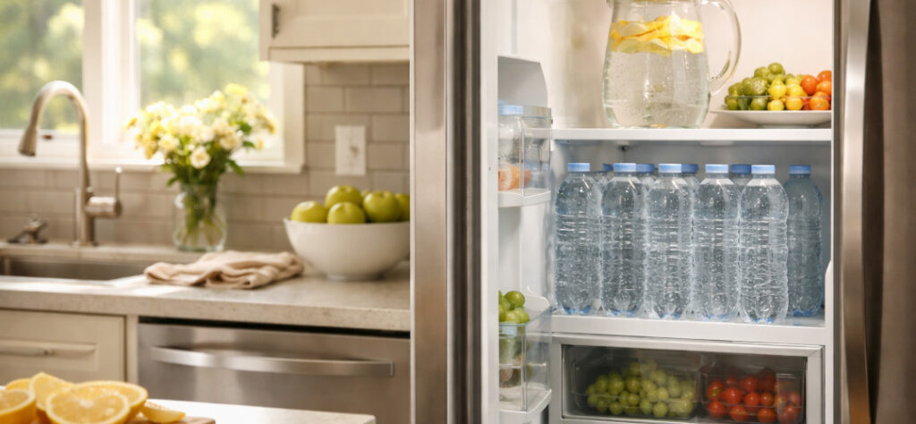 Organized kitchen in a Buford home with cold water bottles and pitcher in refrigerator, showing easy access to hydration to help prevent people from becoming chronically dehydrated