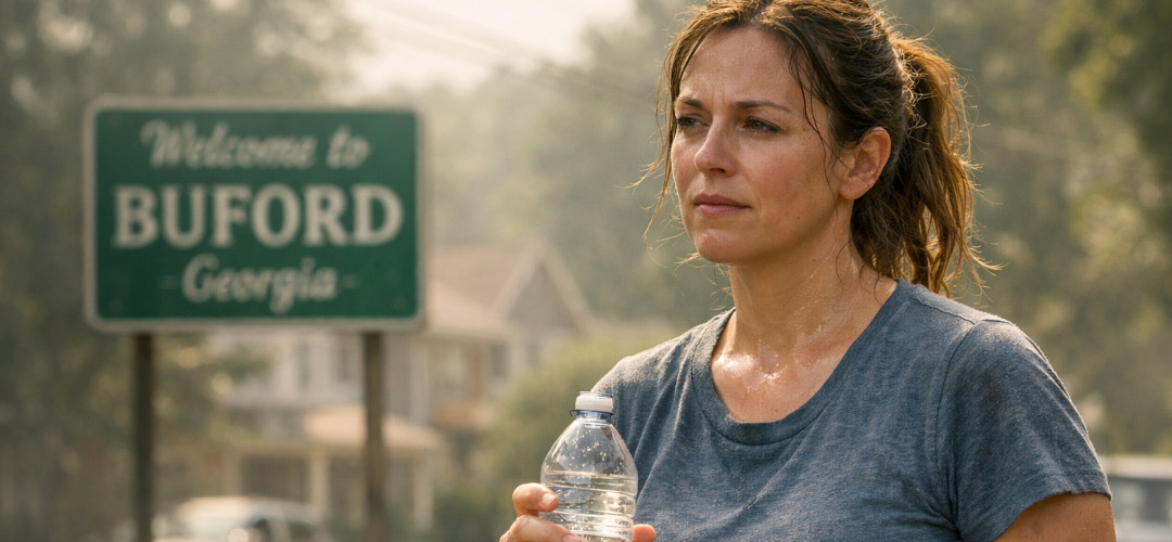Person in Buford, Georgia holding a water bottle on a hot day, showing signs of dehydration and fatigue