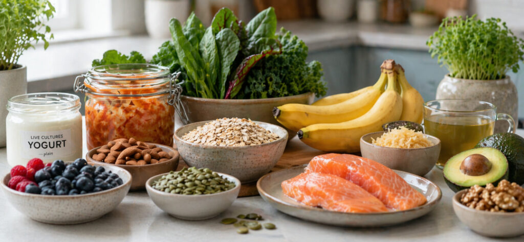 Assortment of gut-friendly foods including yogurt, vegetables, berries, and whole grains supporting gut-brain health