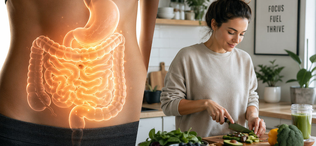 Illustration of the gut-brain connection showing digestive health linked to mental clarity and mood in a modern kitchen setting