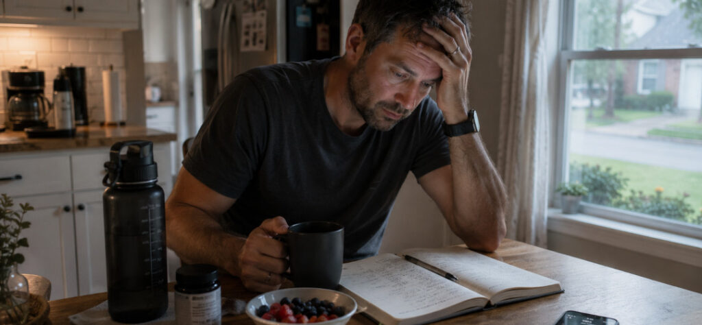 Fatigued adult with poor sleep sitting at a kitchen table in the morning reflecting on sleep habits, energy levels, and overall health in a suburban Marietta home.