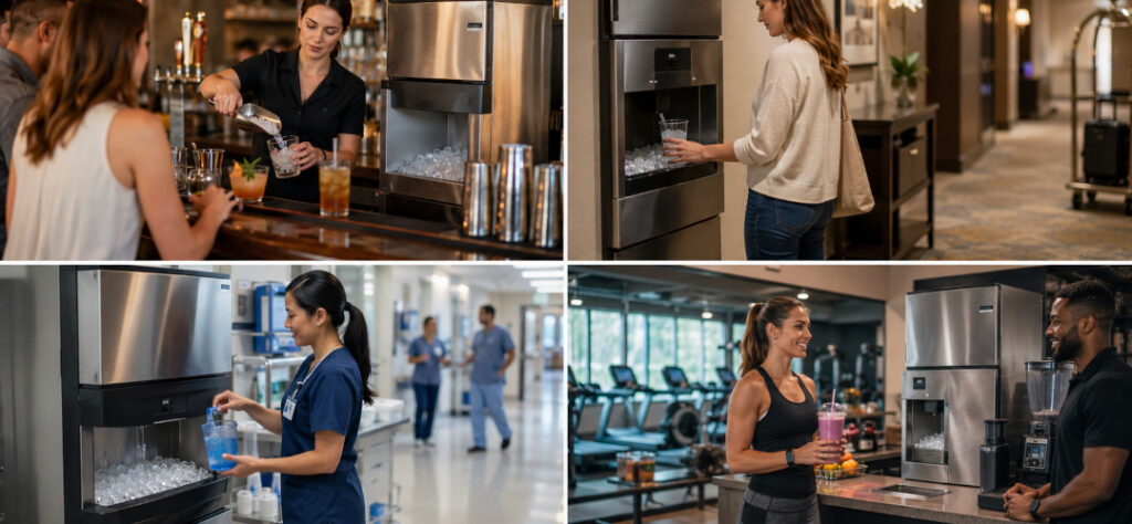Restaurant, hotel, hospital, and fitness center environments showing commercial ice machines in high-use settings where sanitation and food safety are critical.