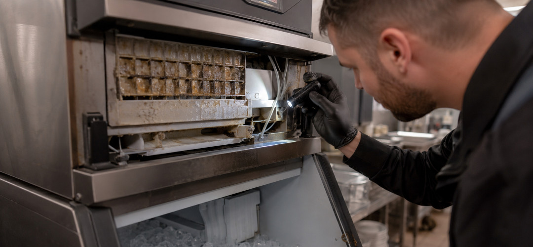 Commercial kitchen ice machine being inspected by a technician for contamination and food safety risks.