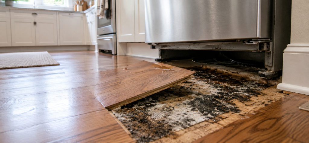 Hidden mold and water damage beneath a stainless steel refrigerator after a slow appliance leak, exposing the subfloor in a modern kitchen with lifted hardwood flooring.