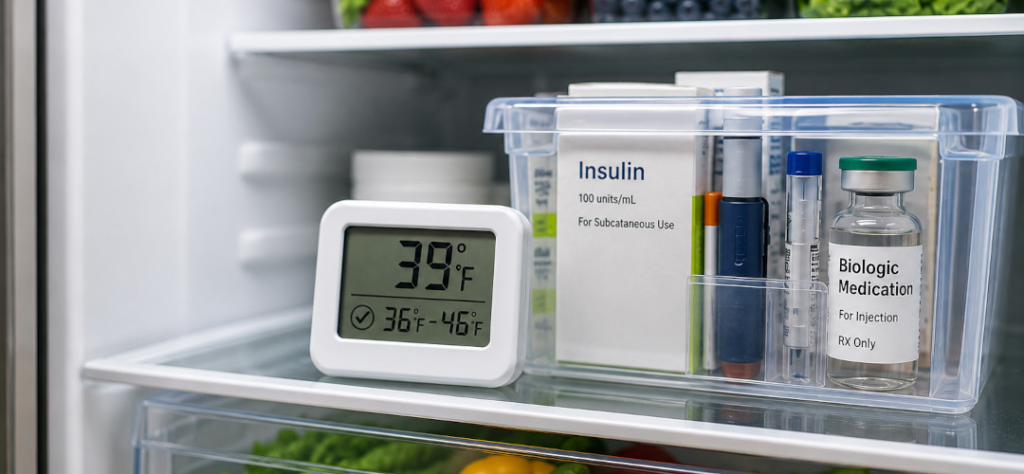 Temperature-sensitive medications, including insulin and biologics, stored on the middle shelf of a refrigerator beside a digital thermometer displaying 39°F for safe medication storage.