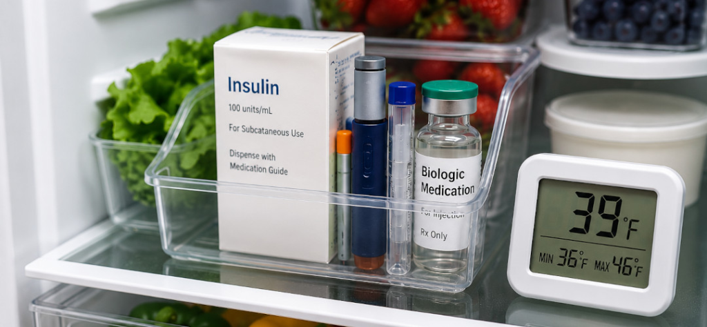Insulin, biologic medication, and a digital refrigerator thermometer stored on a middle shelf to demonstrate proper storage of temperature-sensitive medications., avoiding one of the common medication storage mistakes.