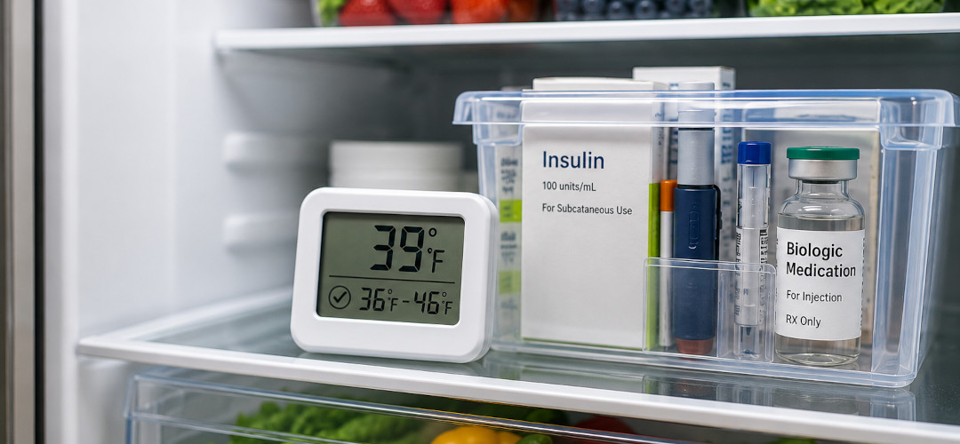 Temperature-sensitive medications, including insulin and biologics, stored on the middle shelf of a refrigerator beside a digital thermometer displaying 39°F for safe medication storage.