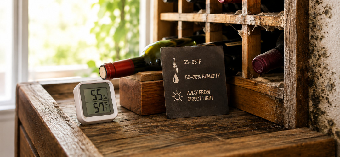 Wine bottles stored on a rustic wooden rack with a hygrometer showing 55% humidity and 57°F, highlighting proper wine storage conditions.