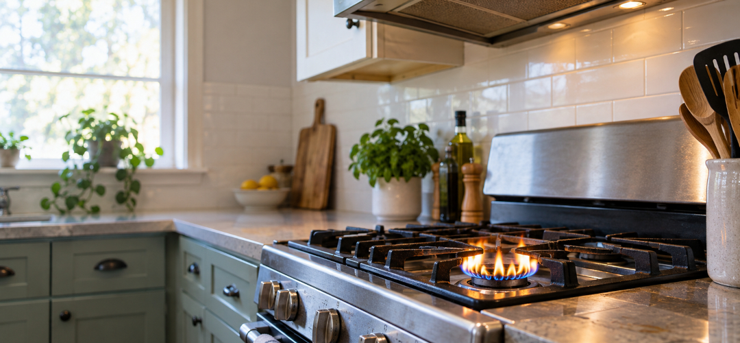 Aging gas range with a burner flame beneath a kitchen range hood in a well-lit home kitchen.