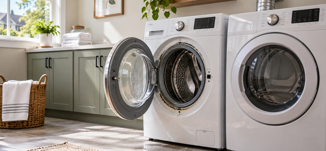 Front-load washer and dryer with visible moisture and mold buildup in a clean Buford laundry room